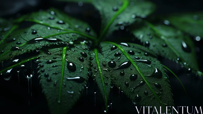 Intricate Cannabis Leaf with Water Droplets - Macro Photography AI Image