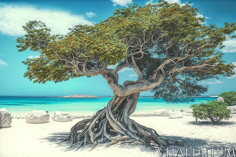 Majestic Tree on Beach: Vintage Imagery and Minoan Art AI Image
