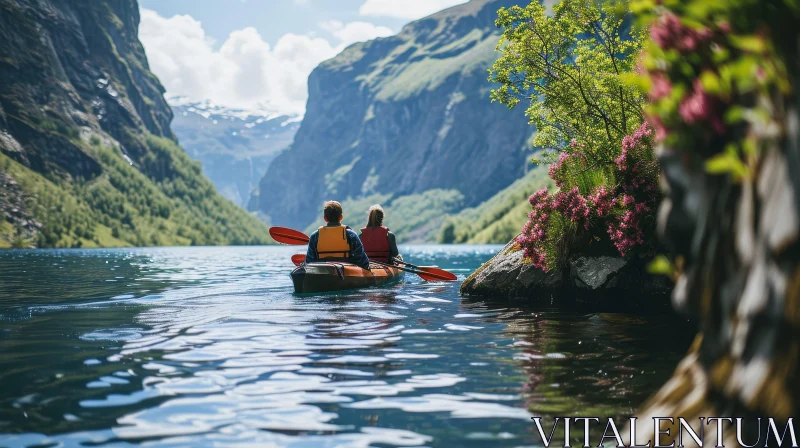 Serene Kayaking Adventure in a Calm Lake with Snowy Mountains AI Image