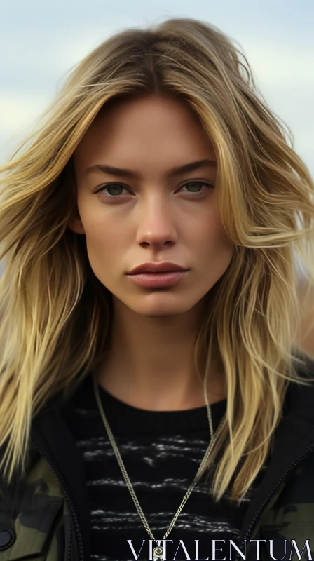 Serious Portrait of a Young Woman with Green Eyes