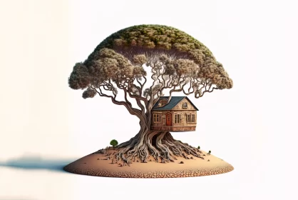Surreal Wooden House on Tree Island - Intricate Carving and Captivating Design