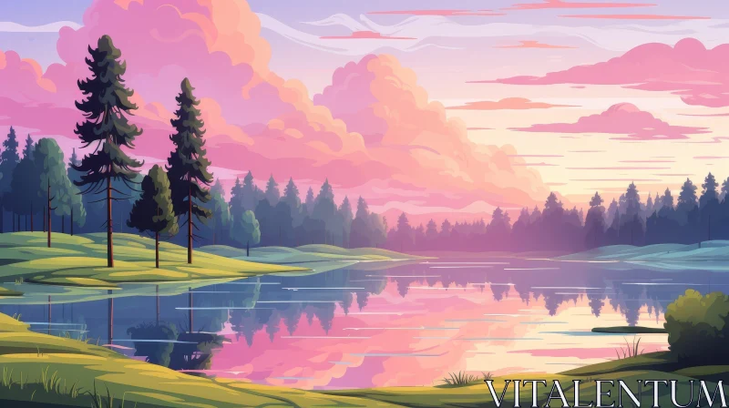 AI ART Tranquil Lake and Forest at Sunset - Nature Landscape