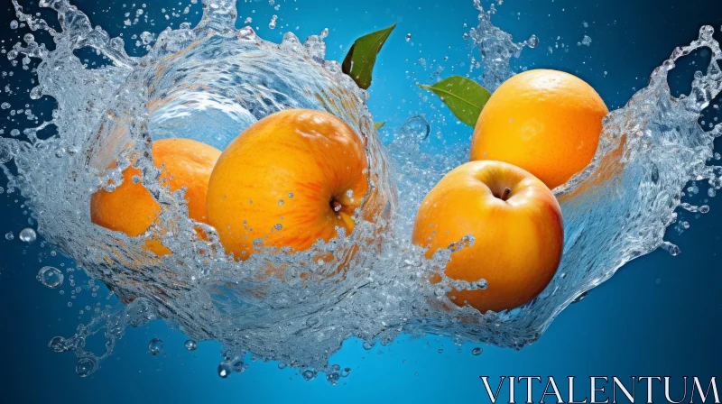 Apricots and Leaves Splash in Blue Water AI Image