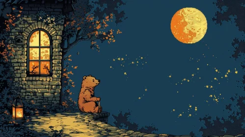 Bear Pixel Art Illustration at Moonlit Night
