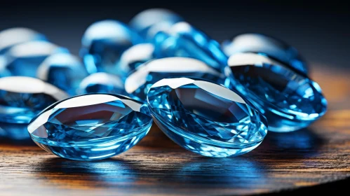 Blue Gemstones on Wooden Surface - Close-up Art