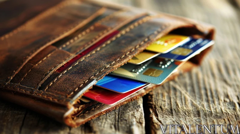 Brown Leather Wallet with Credit Cards on Wooden Surface AI Image