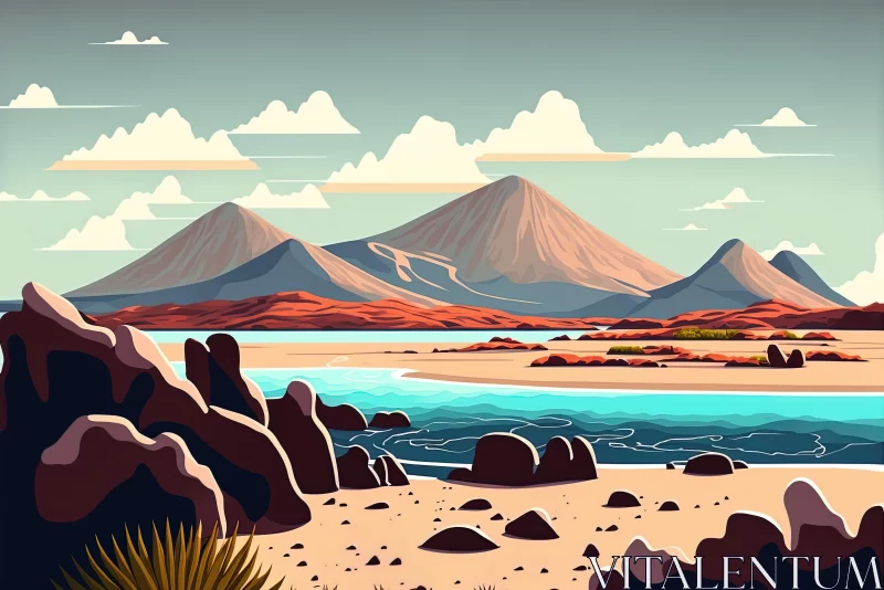 Captivating Seascape Illustration with Mountains and Rocks | Flat Chromatic Fields AI Image