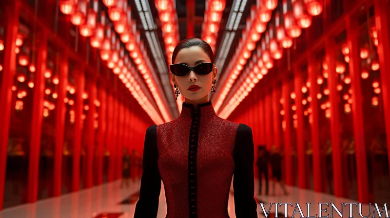 Confident Woman in Red Dress and Sunglasses in Corridor AI Image