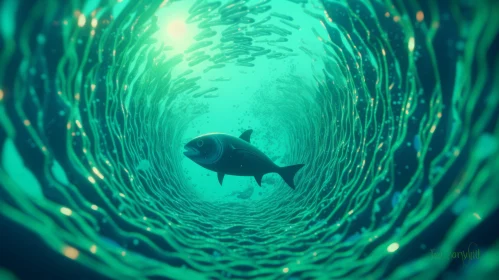Dark Blue Fish Swimming in Green Seaweed Tunnel