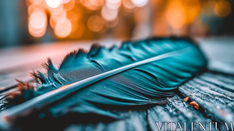 Dark Blue Peacock Feather on Wooden Table AI Image
