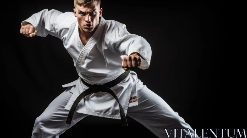 Determined Young Man in Karate Gi and Black Belt AI Image