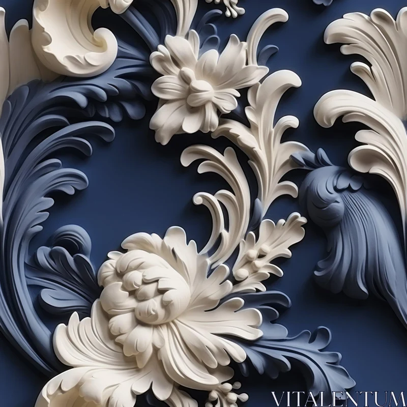 AI ART Elegant 3D Damask Floral Pattern on Blue Background