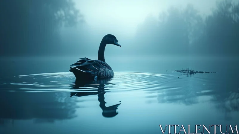 Graceful Black Swan Swimming in Misty Lake AI Image