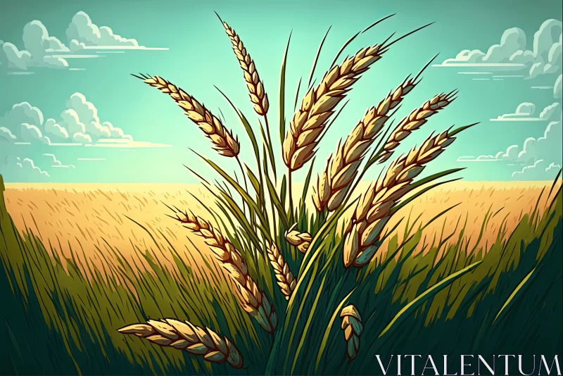 Hyper-Detailed Wheat Field Illustration with Blue Sky and Clouds AI Image