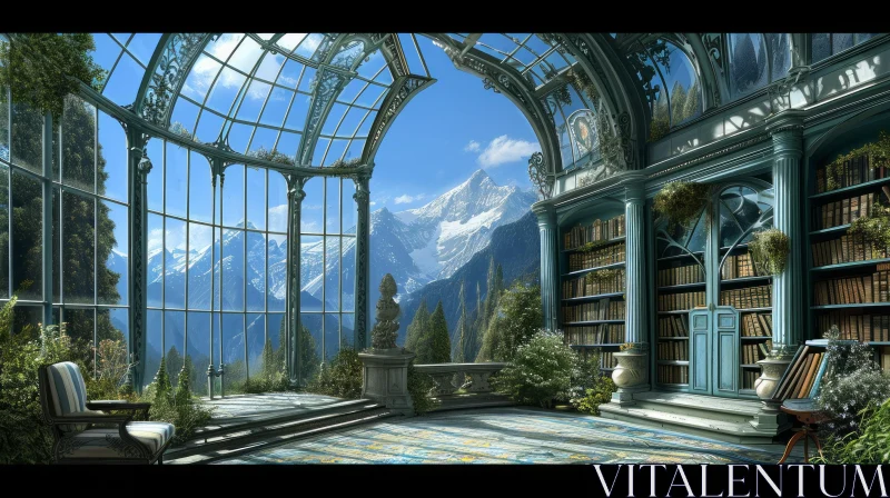 Mountain Valley Landscape from Glass-Enclosed Room AI Image