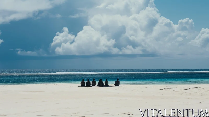 Serene Beach Scene with Six People Enjoying the Sun AI Image