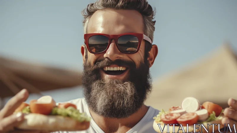 Smiling Man with Beard and Sunglasses Holding Sandwich AI Image