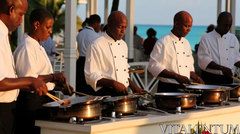 Three Chefs Cooking in an Outdoor Kitchen | Culinary Delight AI Image