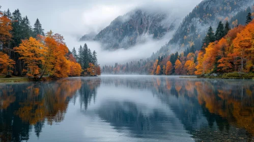 Tranquil Mountain Lake Scene with Autumn Foliage