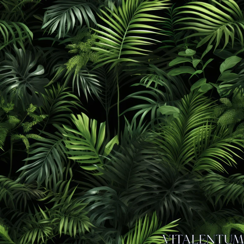 AI ART Tropical Leaves Seamless Pattern - Green Shades on Black Background