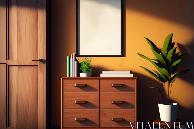 Vibrant Plant and Drawers on Orange Wall - UHD Image AI Image