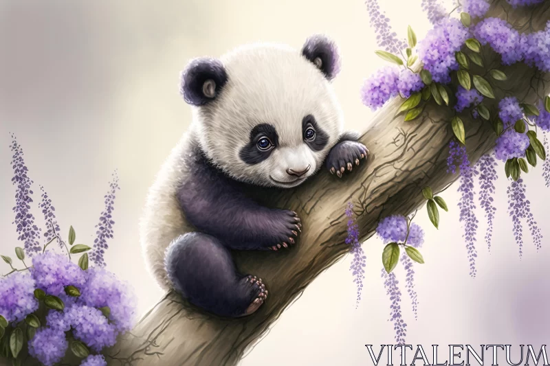 Adorable Panda on Tree Branch with Purple Flowers - Hyper-Realistic Illustration AI Image