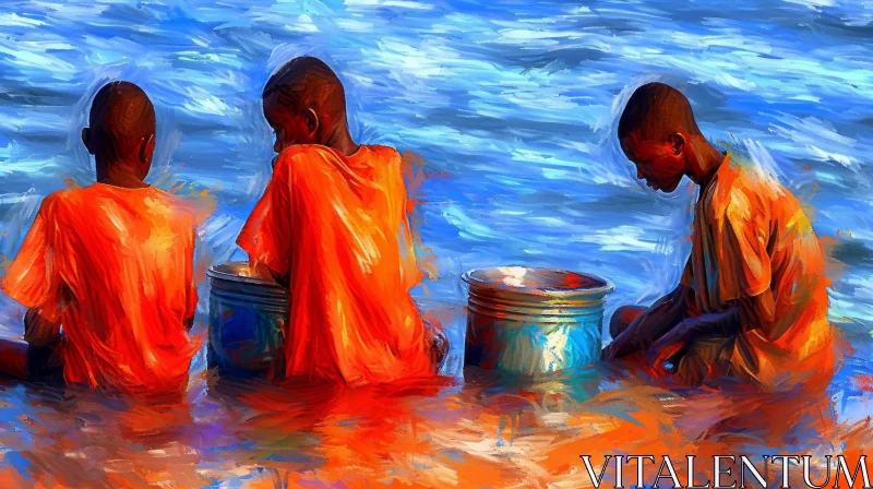 African Boys Washing Clothes in a River - Art Painting AI Image