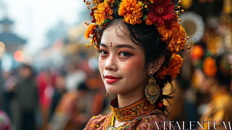 Asian Woman in Traditional Chinese Headdress with Orange and Red Flowers AI Image
