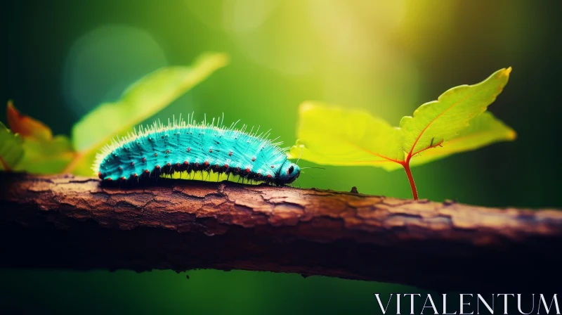 Blue Caterpillar on Branch - Nature Close-up AI Image