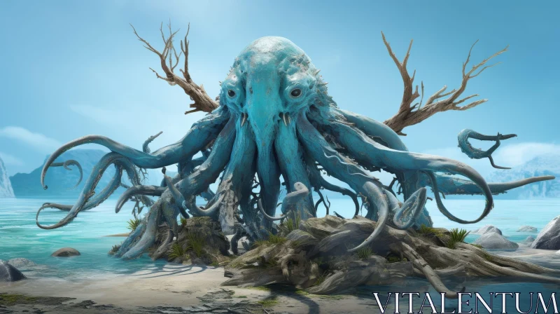 Blue Octopus Creature on Island Digital Painting AI Image