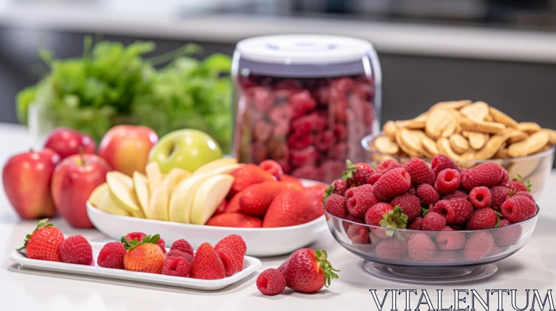 Colorful Fruits and Snacks on White Kitchen Counter AI Image