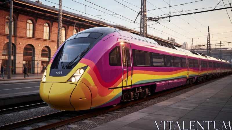 Colorful Modern High-Speed Passenger Train at Station AI Image