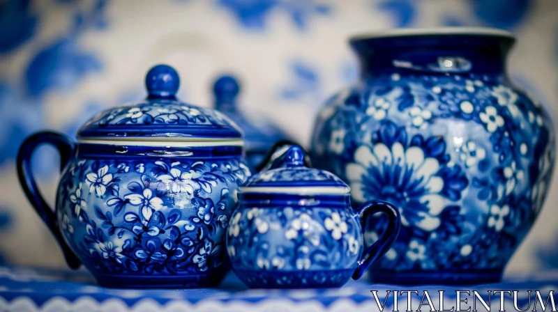 Elegant Blue and White Ceramic Kitchenware | Floral Pattern AI Image