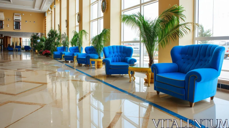 AI ART Elegant Hotel Lobby with Blue Armchairs and Potted Plants