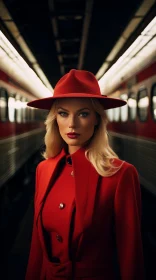 Intense Young Woman in Red Hat and Coat with Trains in Background
