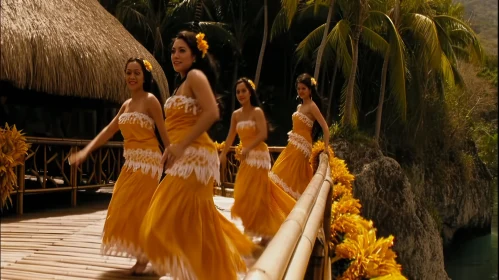 Joyful Dancing: Four Beautiful Women in Yellow Dresses