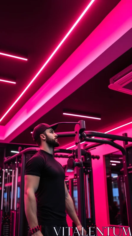 Man in Gym with Neon Lights AI Image