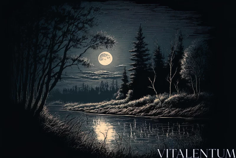 AI ART Moonlit River at Night: A Hyper-Detailed Old Print