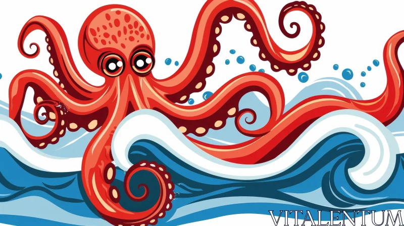 Red Octopus Illustration in Blue Sea AI Image