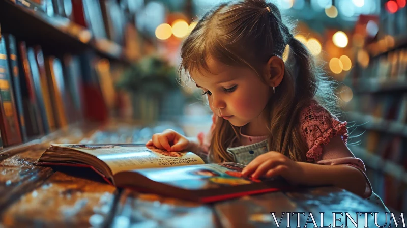 Serene Image of a Little Girl Reading a Book in a Dimly Lit Library AI Image