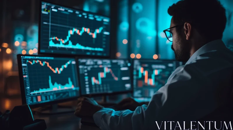 Stock Trader at Desk Surrounded by Computer Monitors AI Image