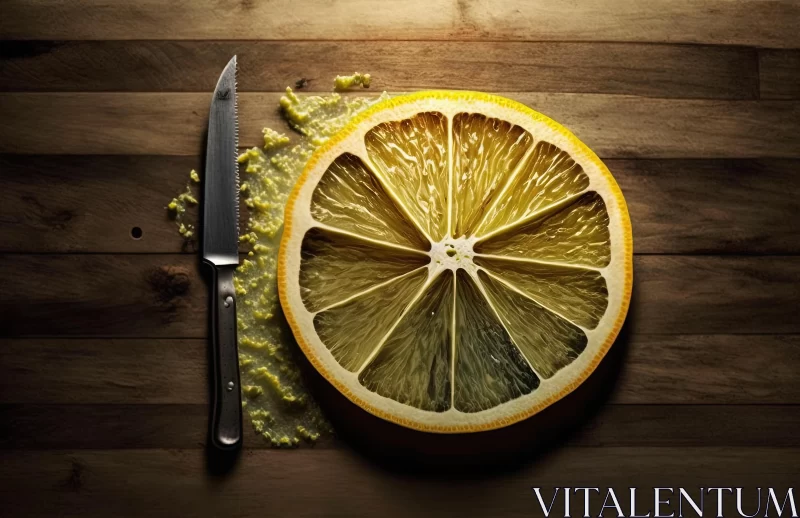 Surrealistic Lemon and Knife Composition on Wooden Table AI Image