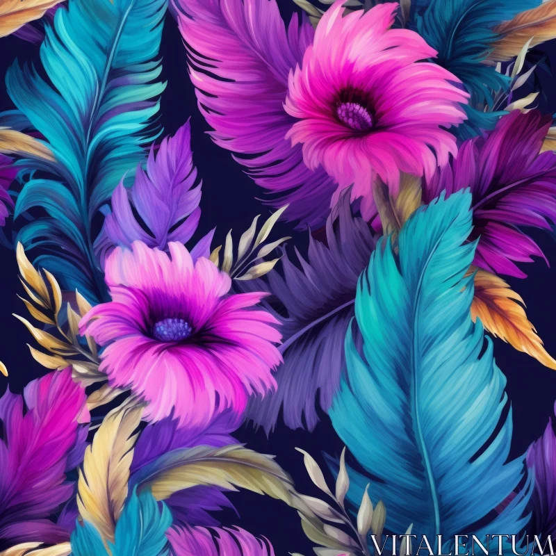 Tropical Flowers and Feathers Seamless Pattern AI Image