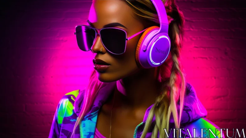 Young Woman Portrait with Headphones and Sunglasses AI Image