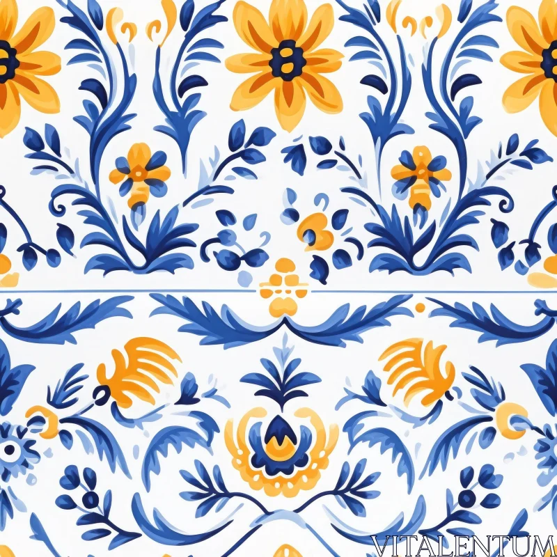 Blue and White Portuguese Tiles Floral Pattern AI Image