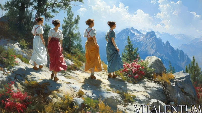 Captivating Oil Painting of Women on a Mountaintop AI Image