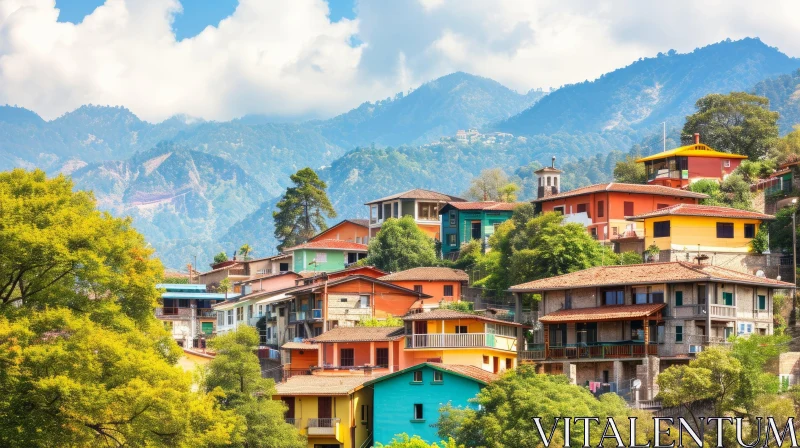 Colorful Mountain Village: A Serene Retreat in Nature AI Image