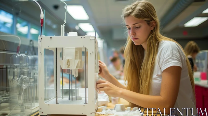 Dedicated Female Student Works on 3D Printer in University Lab AI Image