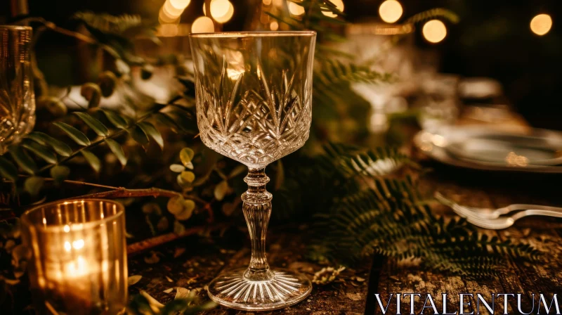 Elegant Still Life Photography: Empty Wine Glass on Wooden Table AI Image