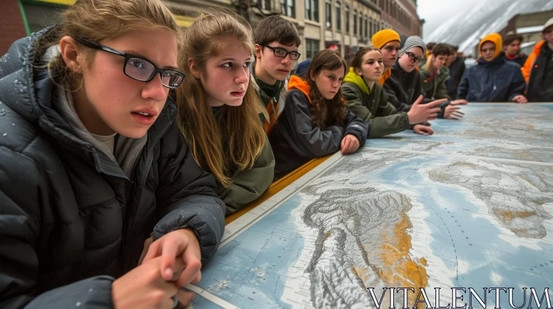 Exploring the Arctic: A Group of Young People Engrossed in Studying a Detailed Map AI Image